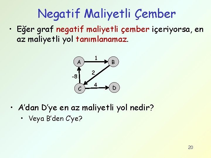 Negatif Maliyetli Çember • Eğer graf negatif maliyetli çember içeriyorsa, en az maliyetli yol