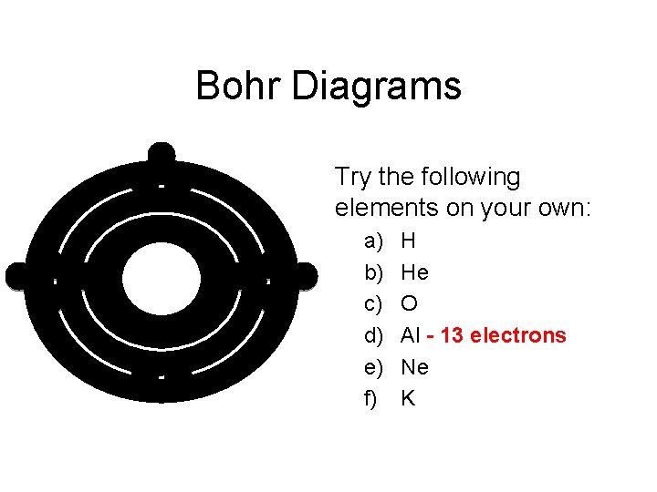 Bohr Diagrams Try the following elements on your own: Al a) b) c) d)