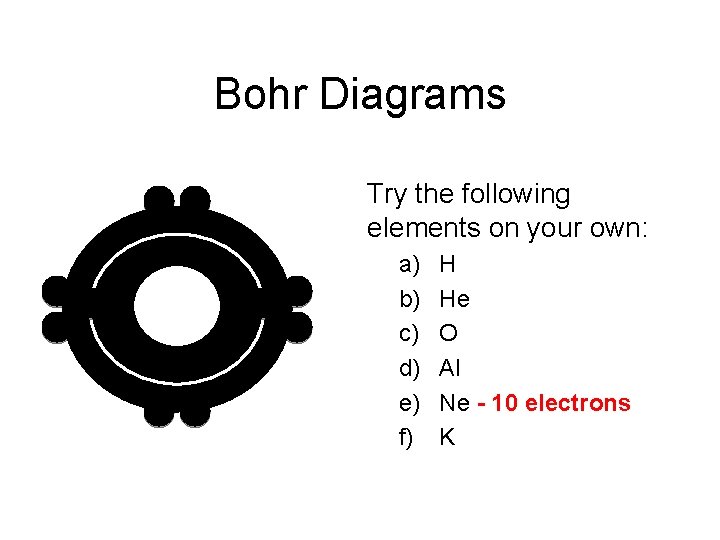 Bohr Diagrams Try the following elements on your own: Ne a) b) c) d)