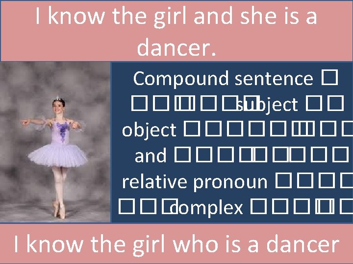 I know the girl and she is a dancer. Compound sentence � ���� subject