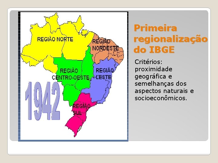 Primeira regionalização do IBGE Critérios: proximidade geográfica e semelhanças dos aspectos naturais e socioeconômicos.