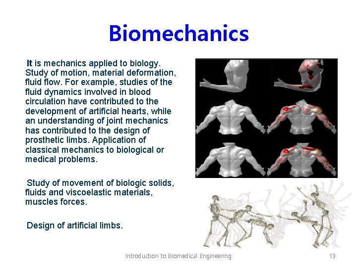 Biomechanics It is mechanics applied to biology. Study of motion, material deformation, fluid flow.