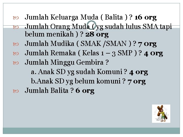  Jumlah Keluarga Muda ( Balita ) ? 16 org Jumlah Orang Muda (