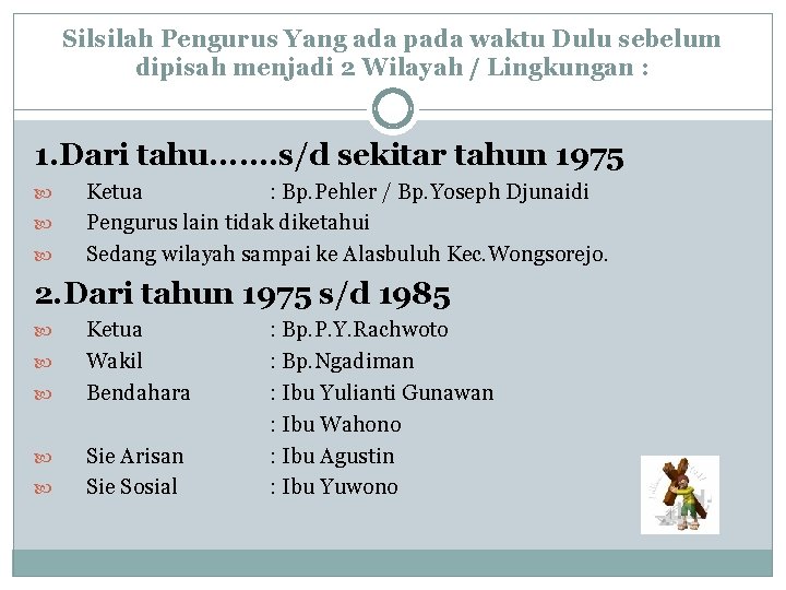 Silsilah Pengurus Yang ada pada waktu Dulu sebelum dipisah menjadi 2 Wilayah / Lingkungan