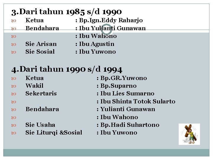 3. Dari tahun 1985 s/d 1990 Ketua Bendahara Sie Arisan Sie Sosial : Bp.
