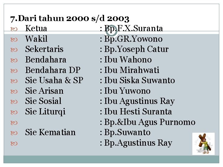 7. Dari tahun 2000 s/d 2003 Ketua : Bp. F. X. Suranta Wakil :