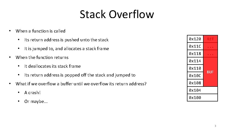 Stack Overflow • When a function is called • Its return address is pushed