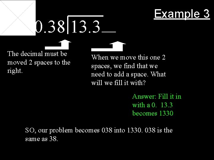 0. 38 13. 3 The decimal must be moved 2 spaces to the right.