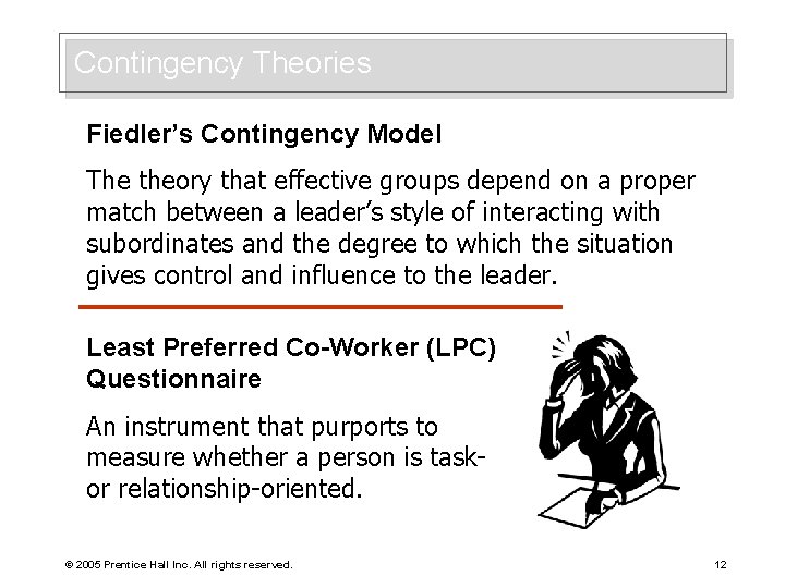 Contingency Theories Fiedler’s Contingency Model The theory that effective groups depend on a proper