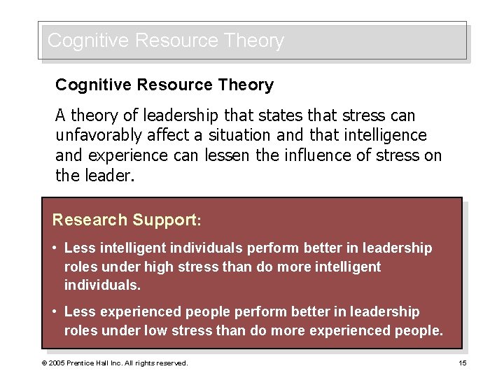 Cognitive Resource Theory A theory of leadership that states that stress can unfavorably affect