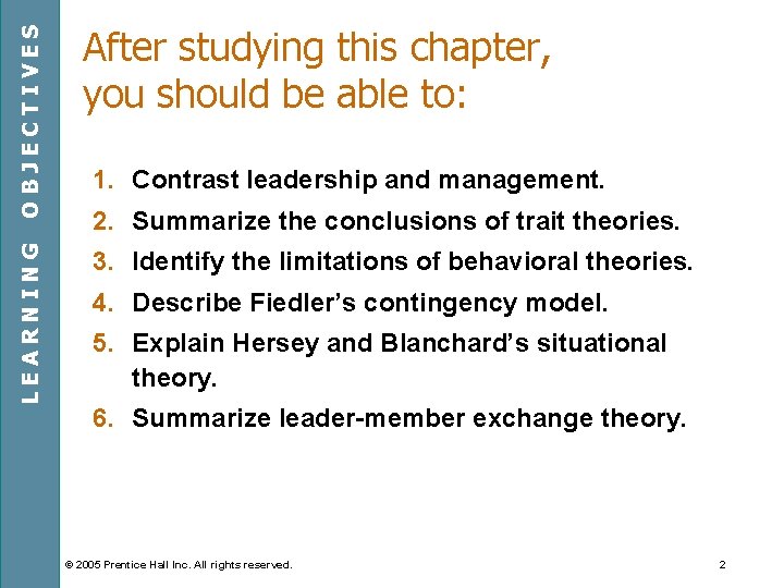 OBJECTIVES LEARNING After studying this chapter, you should be able to: 1. Contrast leadership