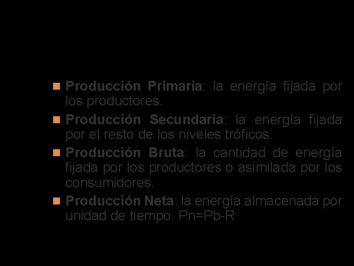 Producción Primaria: la energía fijada por los productores. Producción Secundaria: la energía fijada por