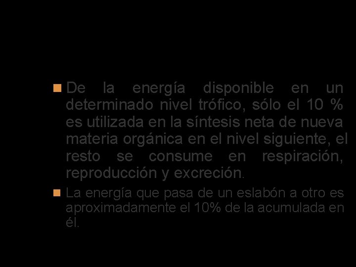 Regla del 10 % De la energía disponible en un determinado nivel trófico, sólo