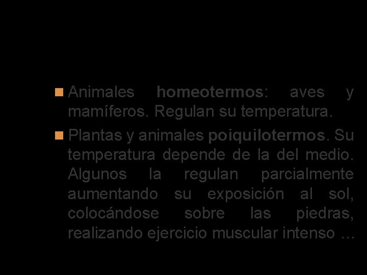 Mecanismos de autorregulación de la temperatura Animales homeotermos: aves y mamíferos. Regulan su temperatura.