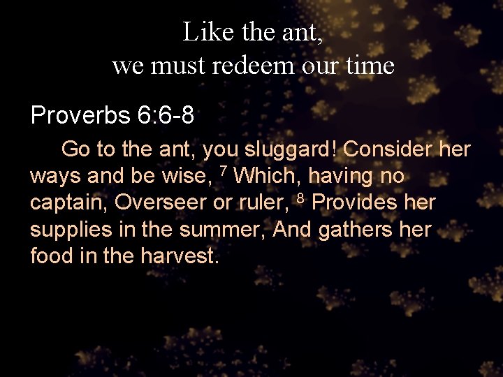 Like the ant, we must redeem our time Proverbs 6: 6 -8 Go to