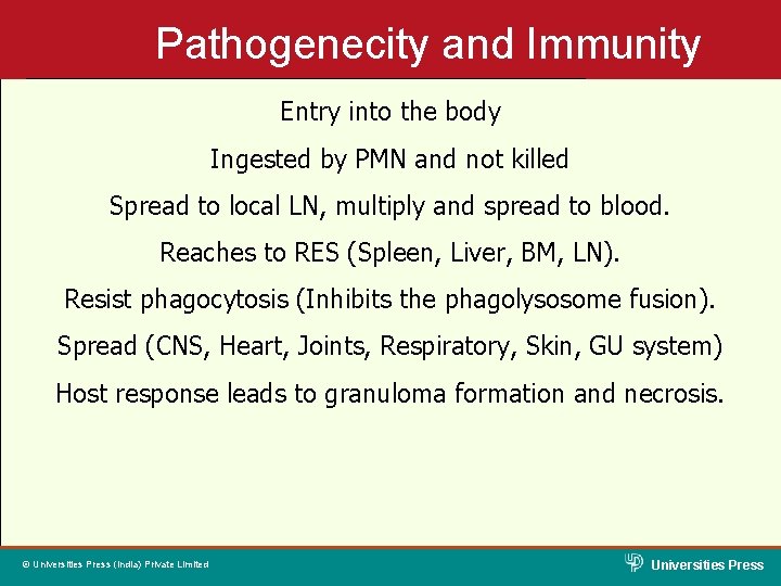 Pathogenecity and Immunity Entry into the body Ingested by PMN and not killed Spread