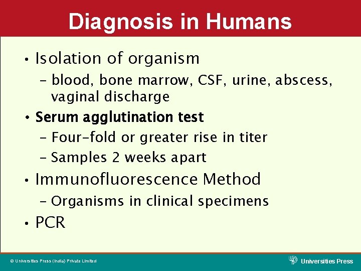 Diagnosis in Humans • Isolation of organism – blood, bone marrow, CSF, urine, abscess,