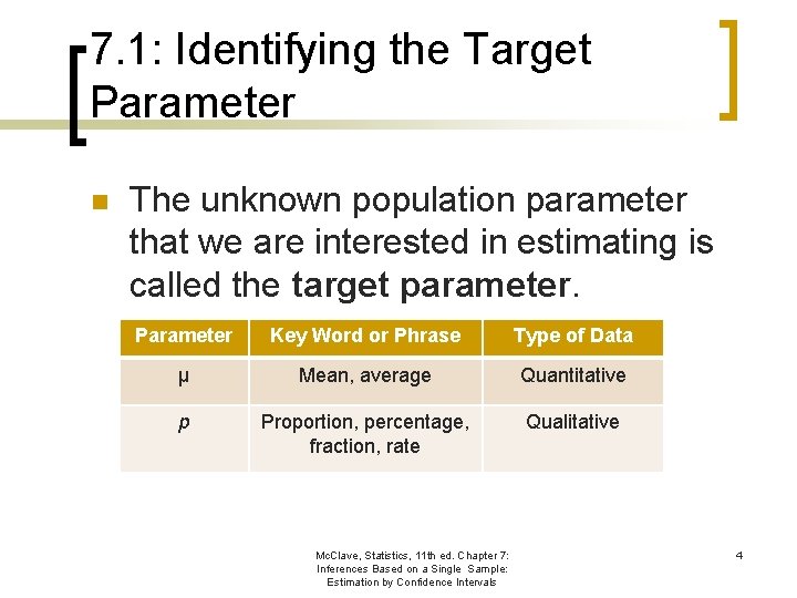 7. 1: Identifying the Target Parameter n The unknown population parameter that we are