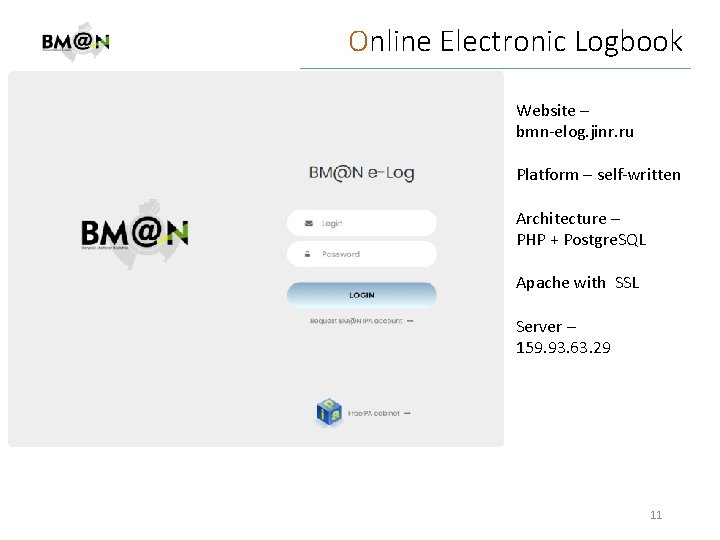 Online Electronic Logbook Website – bmn-elog. jinr. ru Platform – self-written Architecture – PHP