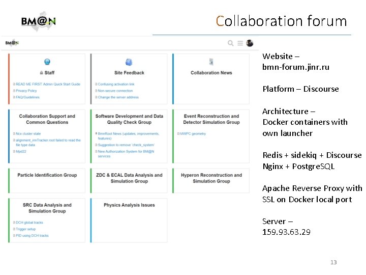 Collaboration forum Website – bmn-forum. jinr. ru Platform – Discourse Architecture – Docker containers