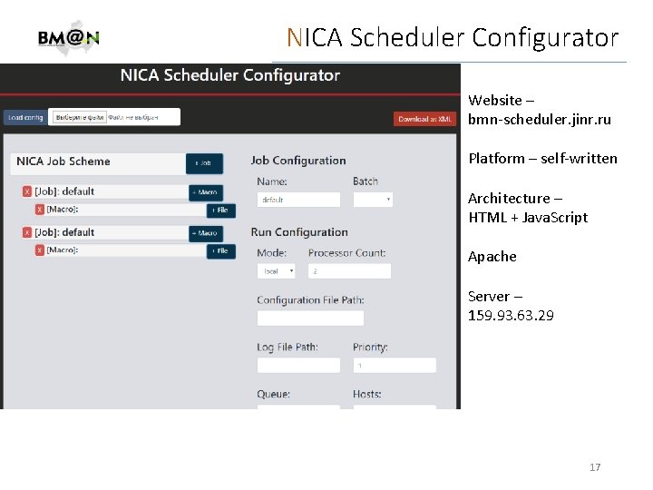 NICA Scheduler Configurator Website – bmn-scheduler. jinr. ru Platform – self-written Architecture – HTML