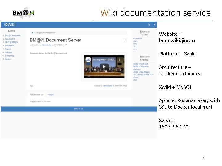 Wiki documentation service Website – bmn-wiki. jinr. ru Platform – Xwiki Architecture – Docker