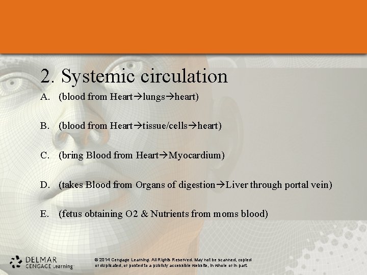 2. Systemic circulation A. (blood from Heart lungs heart) B. (blood from Heart tissue/cells