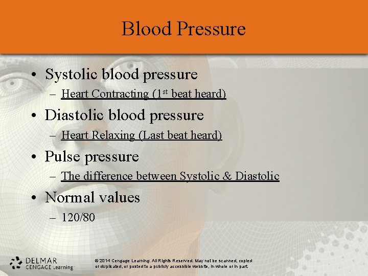 Blood Pressure • Systolic blood pressure – Heart Contracting (1 st beat heard) •