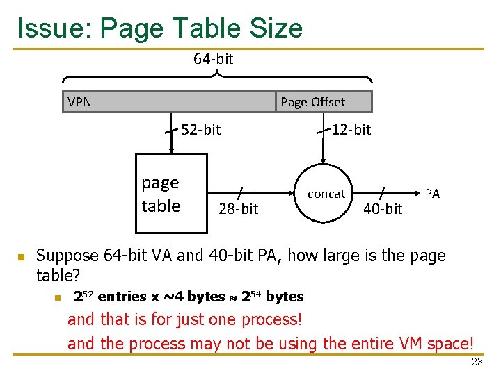 Issue: Page Table Size 64 -bit VPN Page Offset 52 -bit page table n