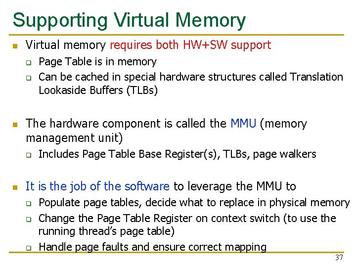 Supporting Virtual Memory n Virtual memory requires both HW+SW support q q n The