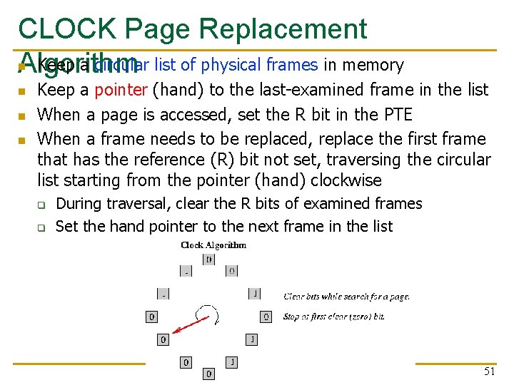 CLOCK Page Replacement n Keep a circular list of physical frames in memory Algorithm