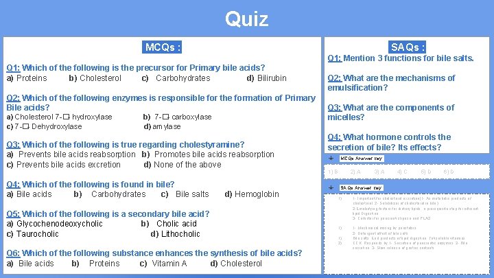 Quiz SAQs : MCQs : Q 1: Mention 3 functions for bile salts. Q