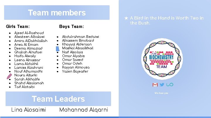 Team members Girls Team: ● ● ● ● Boys Team: Ajeed Al-Rashoud Alwateen Albalawi
