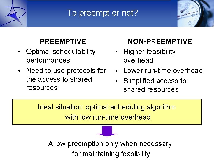 To preempt or not? PREEMPTIVE • Optimal schedulability performances • Need to use protocols