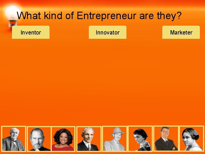 What kind of Entrepreneur are they? Inventor Innovator Marketer 