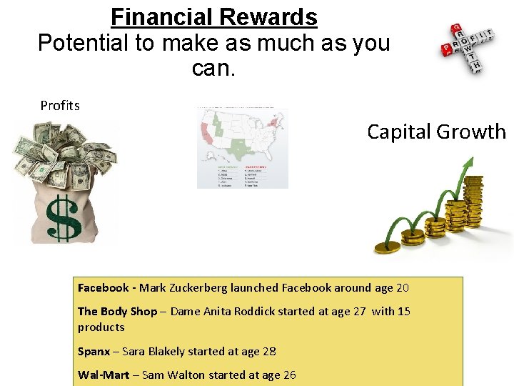 Financial Rewards Potential to make as much as you can. Profits Capital Growth Facebook