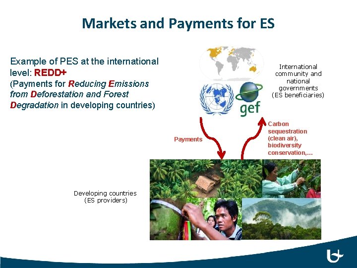 Markets and Payments for ES Example of PES at the international level: REDD+ International