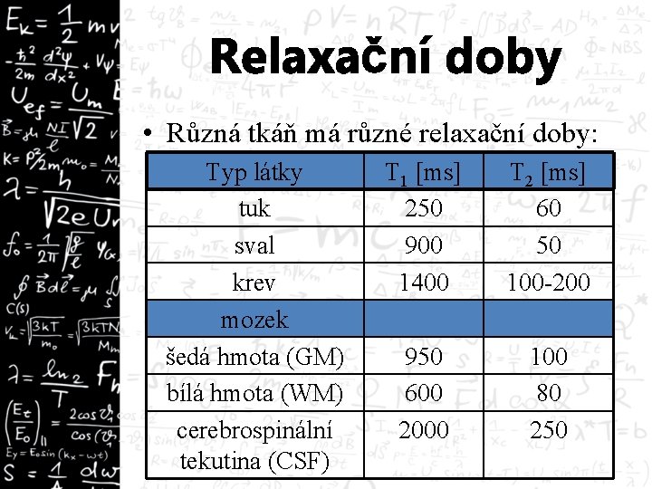 Relaxační doby • Různá tkáň má různé relaxační doby: Typ látky tuk sval krev