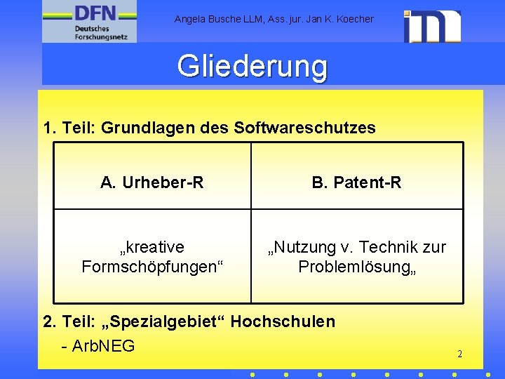 Angela Busche LLM, Ass. jur. Jan K. Koecher Gliederung 1. Teil: Grundlagen des Softwareschutzes