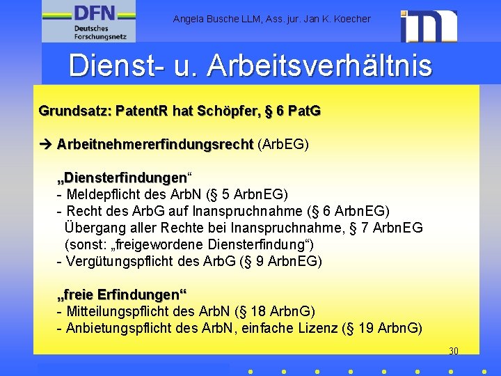 Angela Busche LLM, Ass. jur. Jan K. Koecher Dienst- u. Arbeitsverhältnis Grundsatz: Patent. R