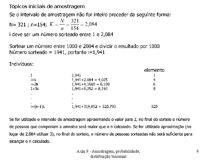 Tópicos iniciais de amostragem Aula 9 - Amostragem, probabilidade, distribuição binomial 9 