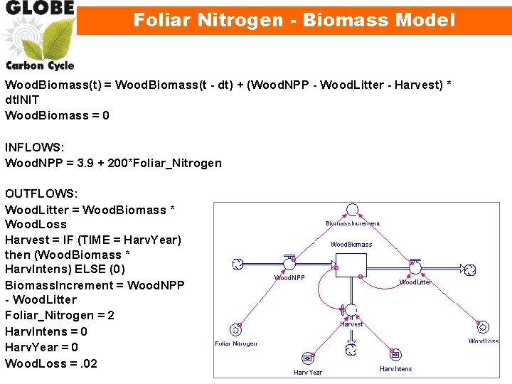 Foliar Nitrogen - Biomass Model Wood. Biomass(t) = Wood. Biomass(t - dt) + (Wood.