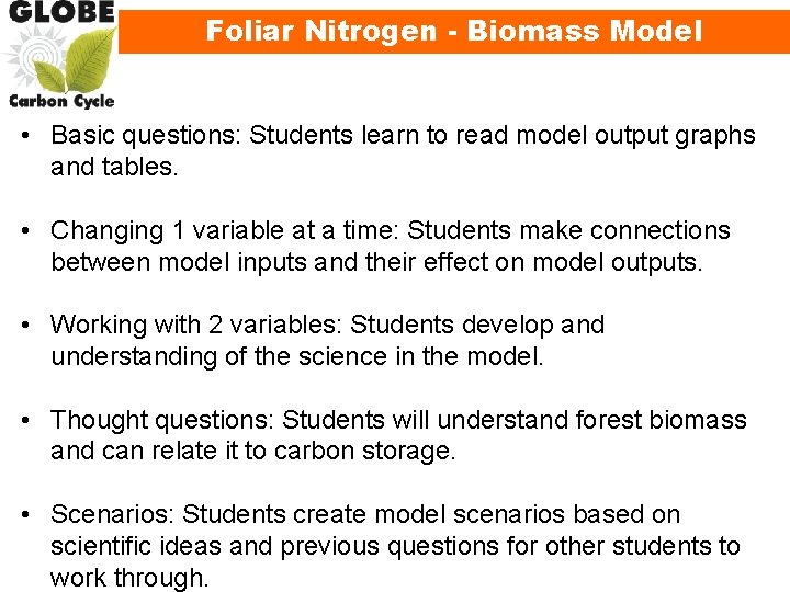 Foliar Nitrogen - Biomass Model • Basic questions: Students learn to read model output