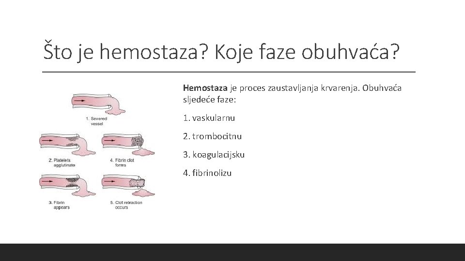 Što je hemostaza? Koje faze obuhvaća? Hemostaza je proces zaustavljanja krvarenja. Obuhvaća sljedeće faze: