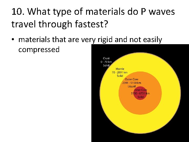 10. What type of materials do P waves travel through fastest? • materials that