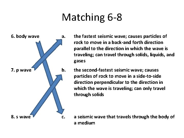 Matching 6 -8 6. body wave a. the fastest seismic wave; causes particles of