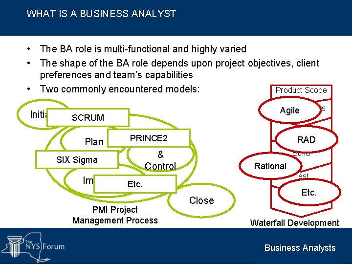 WHAT IS A BUSINESS ANALYST • The BA role is multi-functional and highly varied