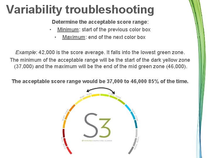 Variability troubleshooting Determine the acceptable score range: • Minimum: start of the previous color