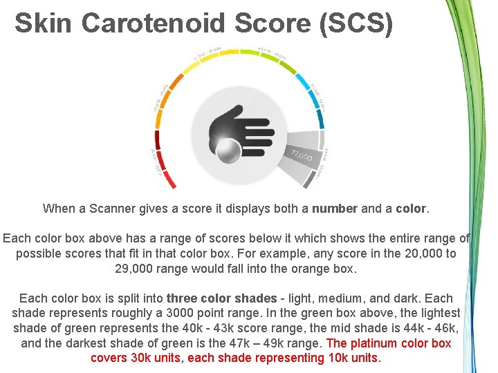 Skin Carotenoid Score (SCS) When a Scanner gives a score it displays both a