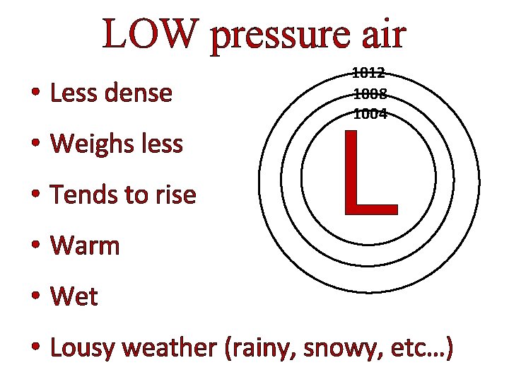 LOW pressure air • Less dense • Weighs less • Tends to rise •